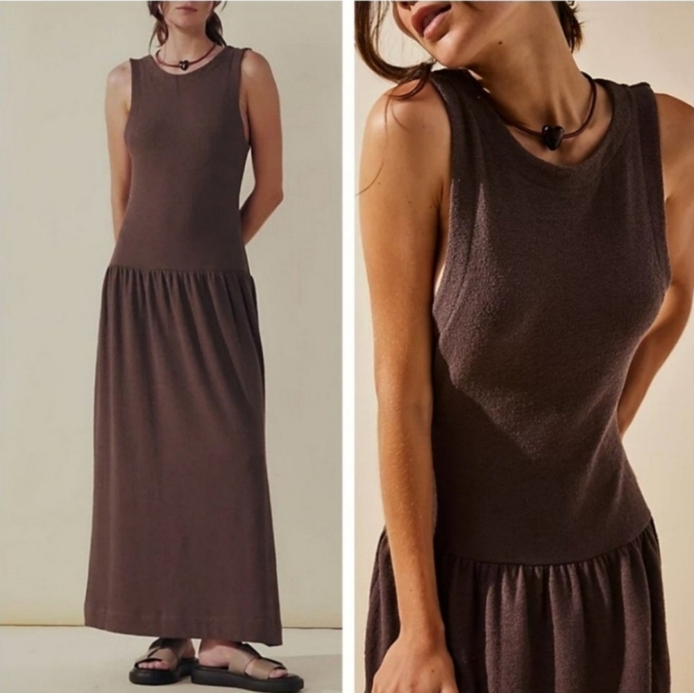 Free People Beach Easy Does It Maxi Sleeveless Terry Drop Waist Dress Brown sz M